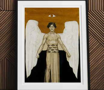 Framed angel artwork featuring white feathered wing symbolizing muscle and myth in schwules museum and obelisk art history context