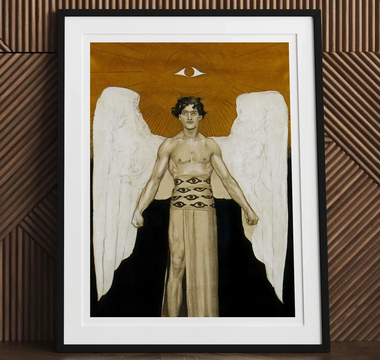 Framed angel artwork featuring white feathered wing symbolizing muscle and myth in schwules museum and obelisk art history context
