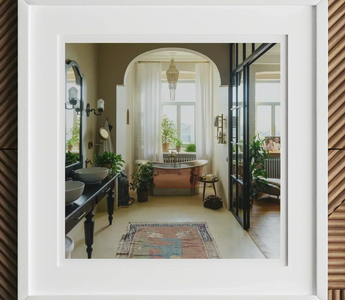 Elegant white clawfoot bathtub beneath arched window with sheer curtains highlighting sustainable interior design and air quality