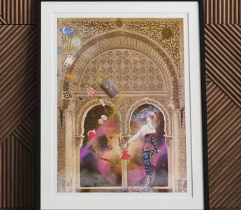 Stylized illustration of a space nymph woman in an ornate archway holding a glass surrounded by magical elements in the vast expanse