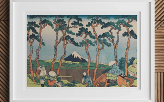 Ukiyo-e woodblock prints showing women in traditional kimonos near a bridge and wisteria blossoms in edo period style