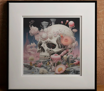 Human skull with surreal colorful organic growths illustrating brain activity during artistic activities and emotional expression