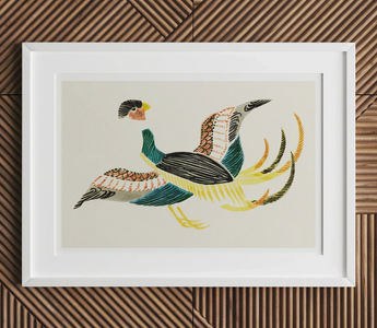 Stylized colorful bird with elongated legs and neck in geometric design inspired by late edo period tsubaki woodblock prints
