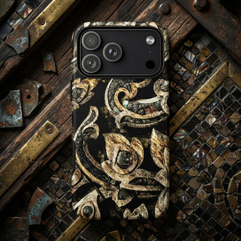 Brown phone cases featuring intricate cowboy boot designs against rustic leather background.