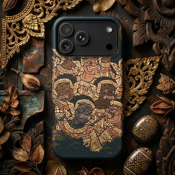 Thai phone cases featuring vibrant designs of mythical creatures and gold accents on a dark background.
