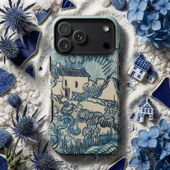 Blue Phone Cases featuring a wave design on a smartphone cover surrounded by artistic tools.