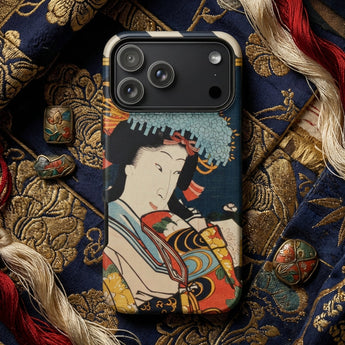 Toyohara Kunichika phone case design featuring a traditional Japanese woman and vibrant decorative elements.