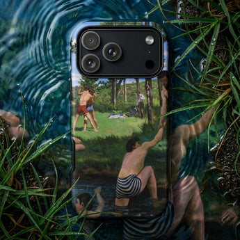 Gay Phone Cases featuring a vintage-inspired artwork of a shirtless man with a feathered outfit holding a hat.