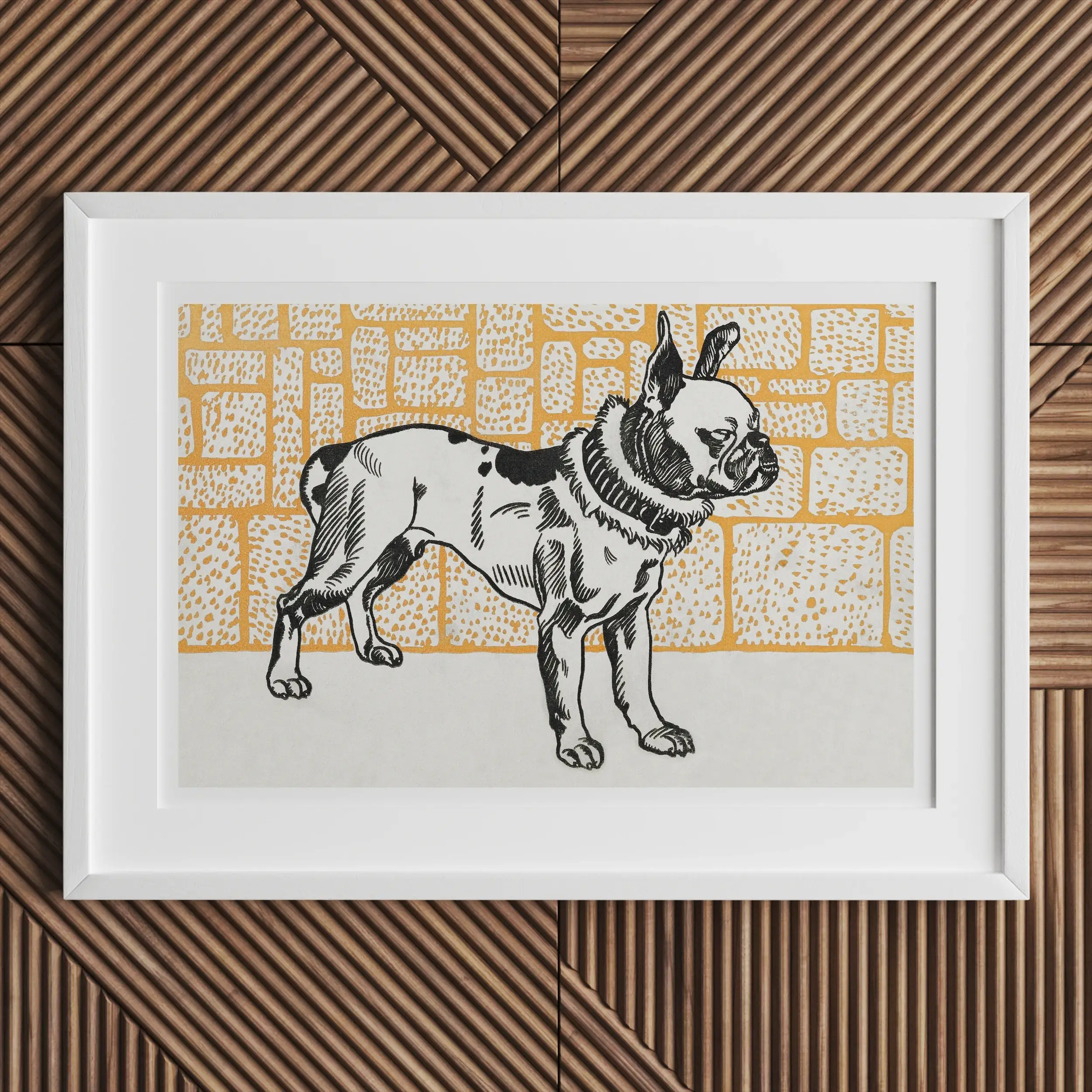 Framed artwork depicting a French Bulldog in black and white against a yellow patterned background.