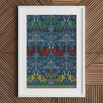 Framed print featuring an ornate Art Nouveau-style pattern with stylized birds and floral motifs in rich colors.
