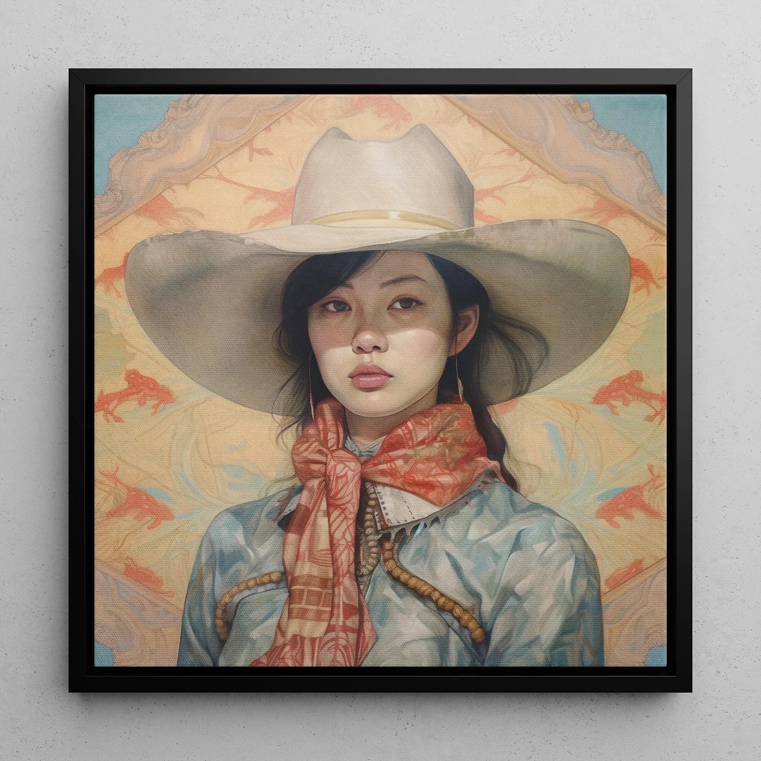 Portrait of a young woman wearing a wide-brimmed cowboy hat and a bandana.
