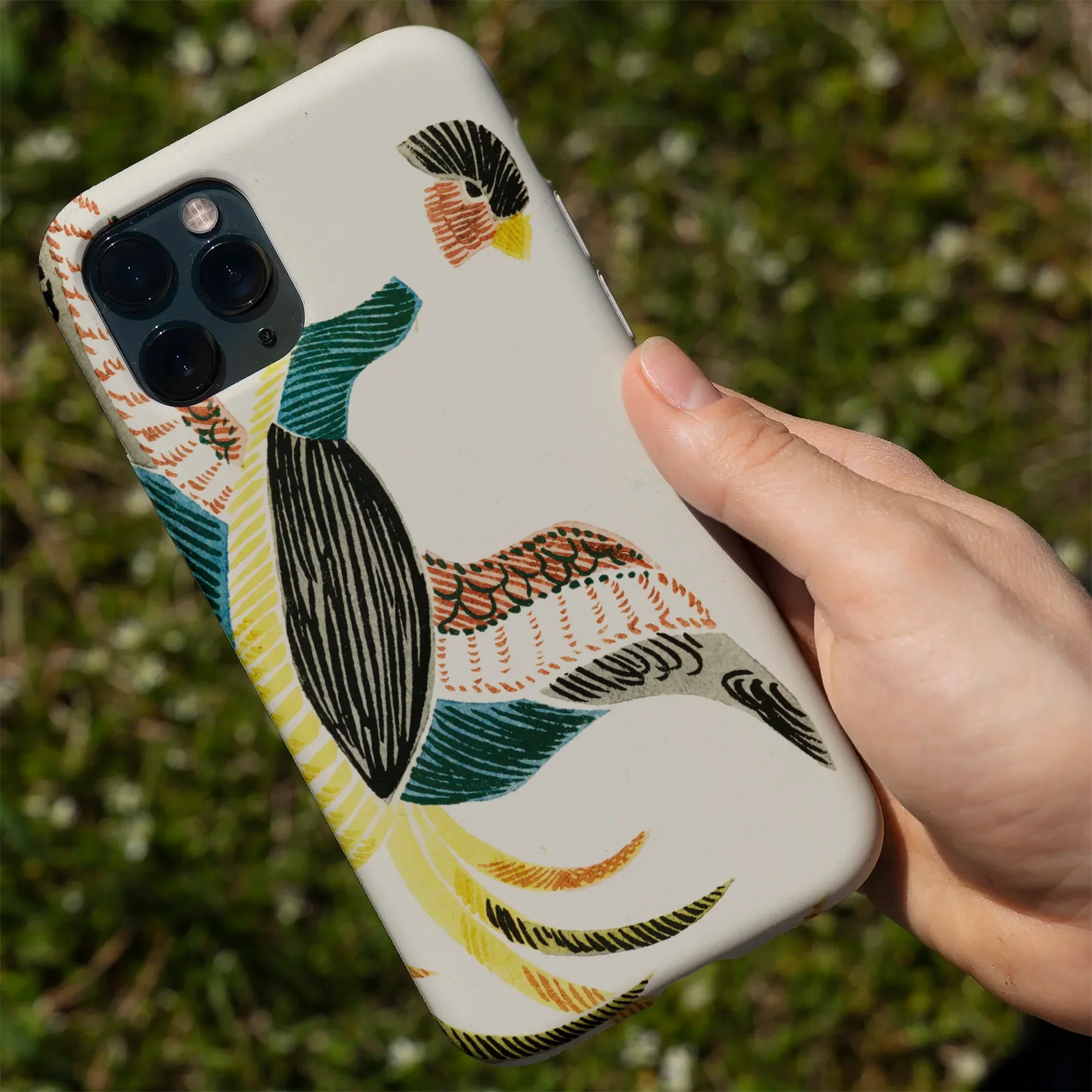 Bird-patterned phone case.