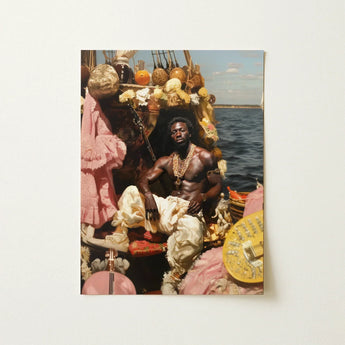 A framed photographic print of a black gay man in cream attire with gold chains seated on a decorated boat in black gay wall art