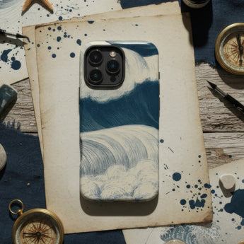 IPhone with a blue and white floral patterned case.
