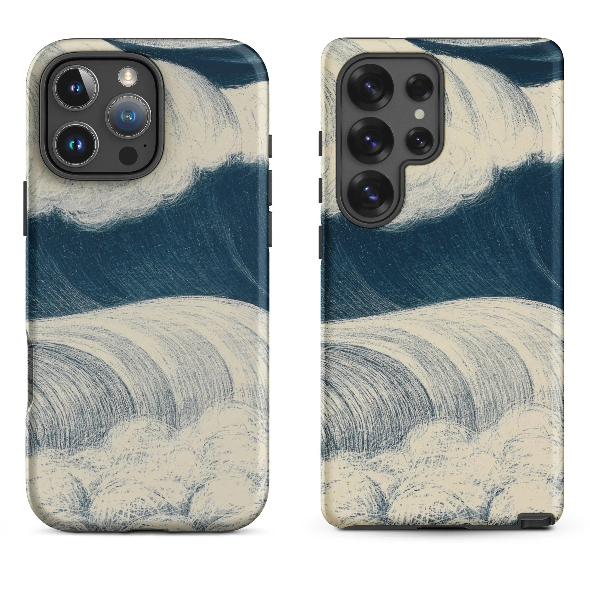 IPhone with a blue and white floral patterned case.