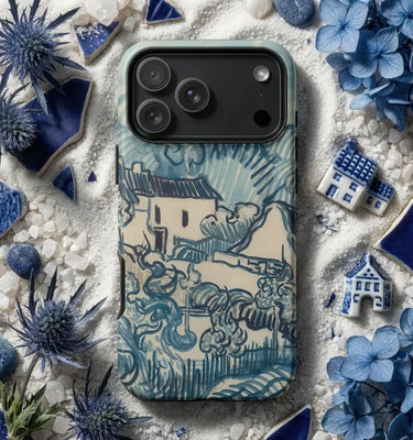 Blue Phone Cases featuring a wave design on a smartphone cover surrounded by artistic tools.