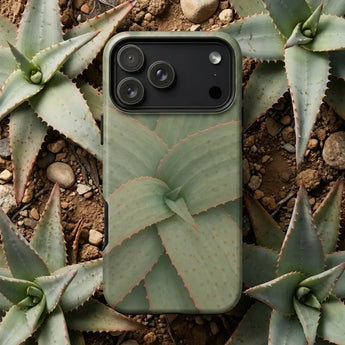 Botanical Phone Cases featuring a succulent design on a sleek black phone case amidst botanical elements.