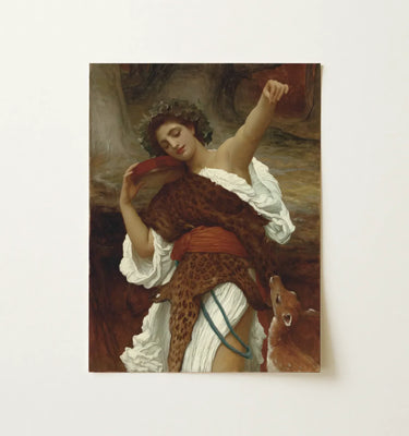 British Art painting featuring a woman embracing a leopard, surrounded by nature, showcasing historical beauty.