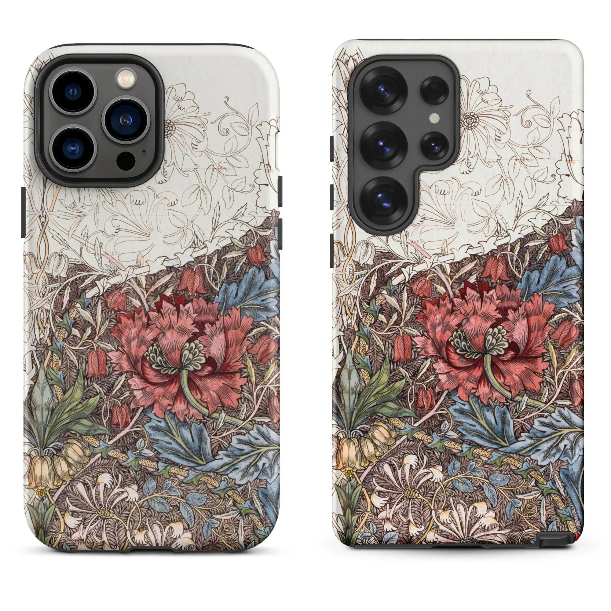 Floral patterned phone case with colorful botanical designs on a dark background.