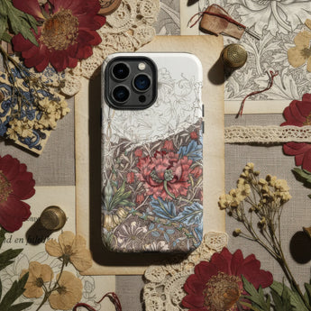 Floral patterned phone case with colorful botanical designs on a dark background.