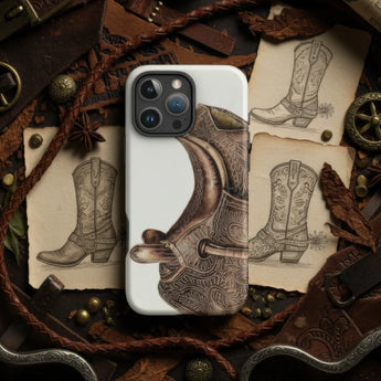 Brown phone cases featuring intricate cowboy boot designs against rustic leather background.