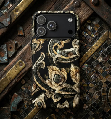 Brown phone cases featuring intricate cowboy boot designs against rustic leather background.