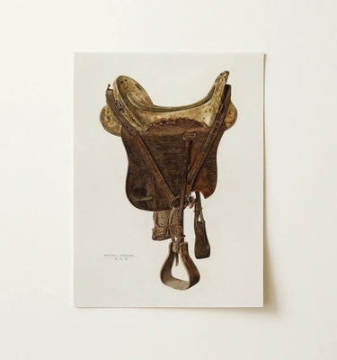 Brown Wall Art featuring a detailed vintage saddle illustration in a modern frame.