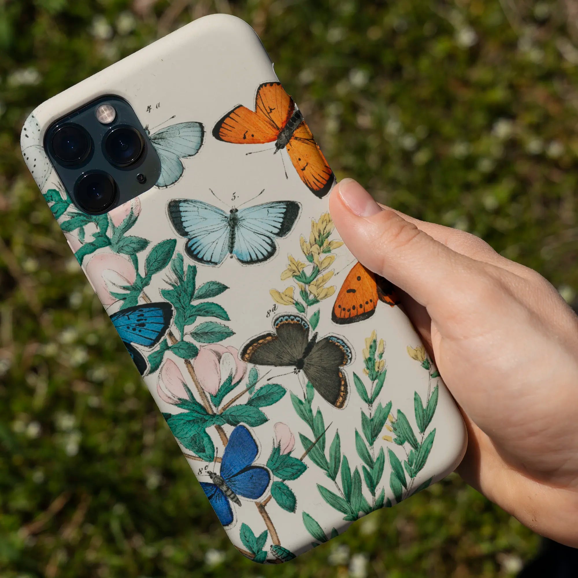 Butterfly-patterned phone case.