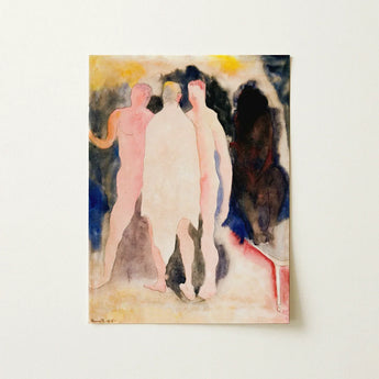 Watercolor painting by Charles Demuth depicting three nude figures in soft tones against a dark blended background.