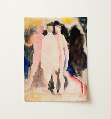 Watercolor painting by Charles Demuth depicting three nude figures in soft tones against a dark blended background.