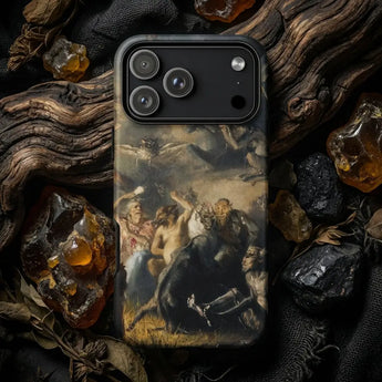 Two vintage macabre illustration smartphone cases in creepy phone cases collection shown from the back side