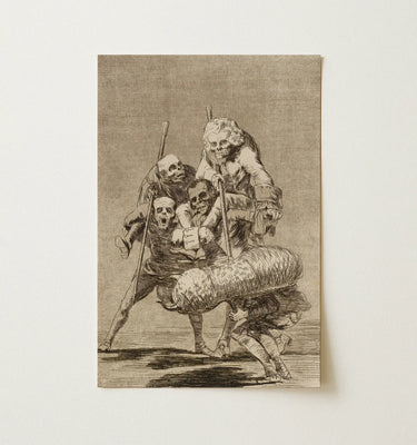 Wooden framed black and white etching print featuring a skeletal figure from creepy art wall collection