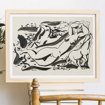 Framed black and white abstract artwork depicting nude figures in fluid, organic forms.