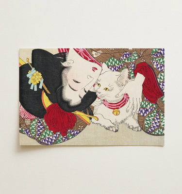 Edo Period Art featuring a traditional Japanese print of a woman and a cat, showcasing colorful patterns and intricate detailing.