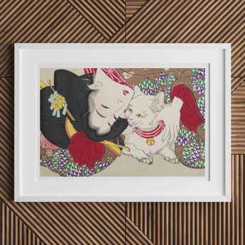 Framed Japanese-style artwork depicting hydrangea flowers and a swallow.