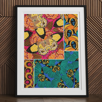 Framed artwork featuring vibrant, colorful patterns with floral and tropical motifs.