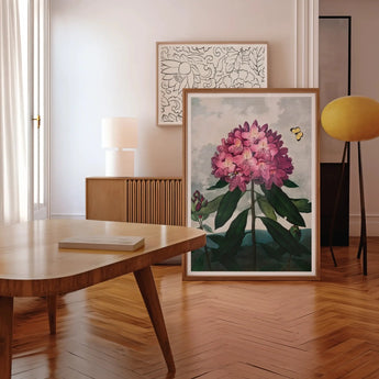 Extra Large Wall Art - framed botanical print of a pink rhododendron flower with green leaves.