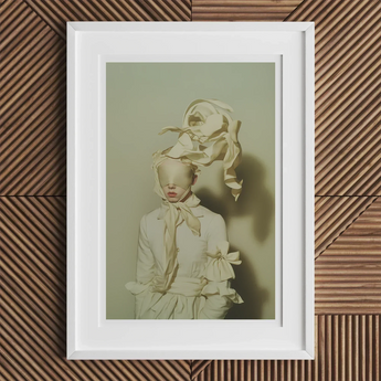 Framed artwork depicting a stylized woman in 1920s fashion standing next to a birdcage.