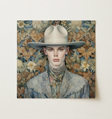 Figurative Wall Art featuring a stylish model in a hat against a floral background.