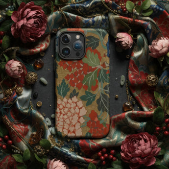 Floral Phone Cases with a vibrant floral design surrounded by pink flowers and decorative accessories.