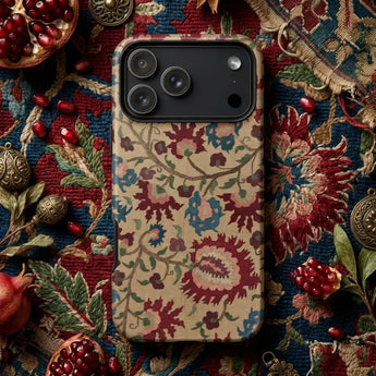 Floral Phone Cases with a vibrant floral design surrounded by pink flowers and decorative accessories.