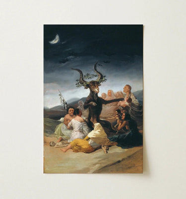 Black framed poster with white mat featuring francisco goya artwork of women interacting with mythical creatures