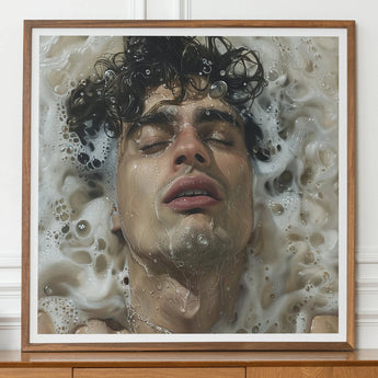Framed photograph of a person submerged in water with bubbles and curly hair.
