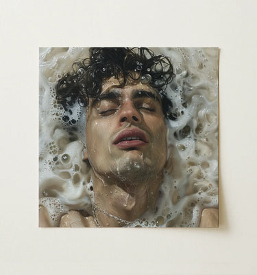 Close-up of a male figure submerged, showcasing sensual expression in striking gay art style.