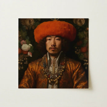 A square-framed portrait of a man in ornate golden-brown embroidered attire and oversized orange fur hat in gay asian art