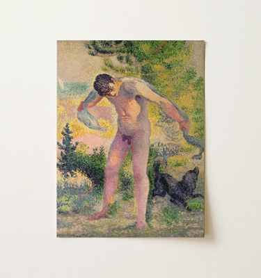 Black framed art print of a nude male figure and child with vibrant colors and textured brushstrokes in gay beach art collection
