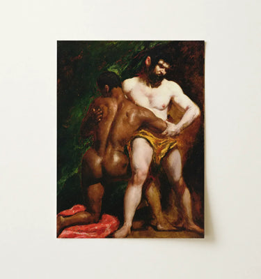 Gay Classic Art featuring a passionate embrace between two men in a vintage painting framed on a textured wall.