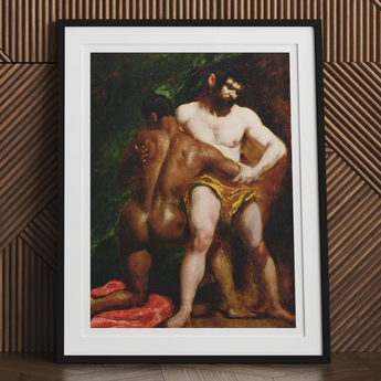 Framed painting depicting two nude male figures in a classical style.