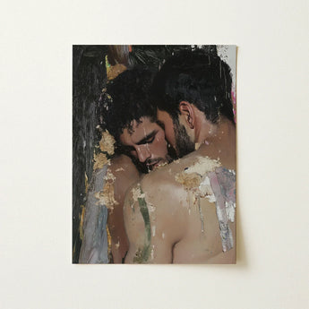 A textured mixed-media painting of two men in an intimate embrace with metallic accents in gay couple art collection
