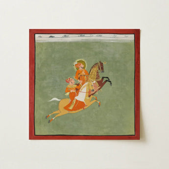 Square-framed traditional indian miniature painting of two figures in ornate orange and gold attire riding horses for gay indian art